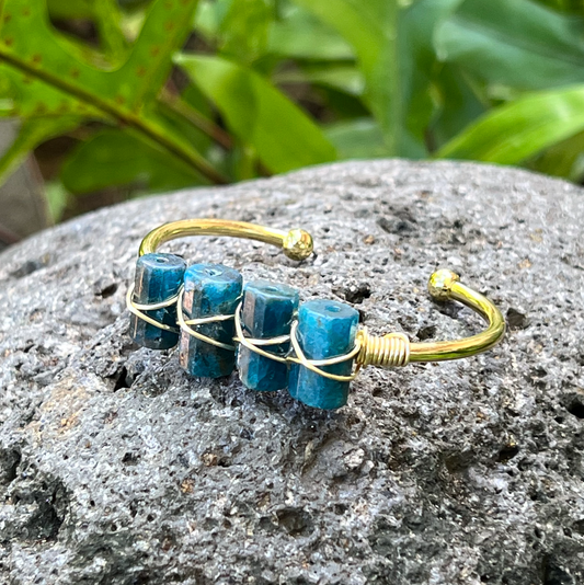 Blue Apatite Four Stone Gold Bangle Cuff Bracelet ~ "Aura Clearing, Astral Travel, Mood Lifter"