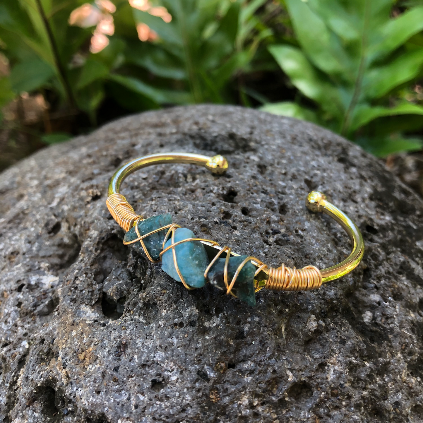 Blue Apatite Gold Bangle Cuff Bracelet ~ "Aura Clearing, Astral Travel, Mood Lifter"