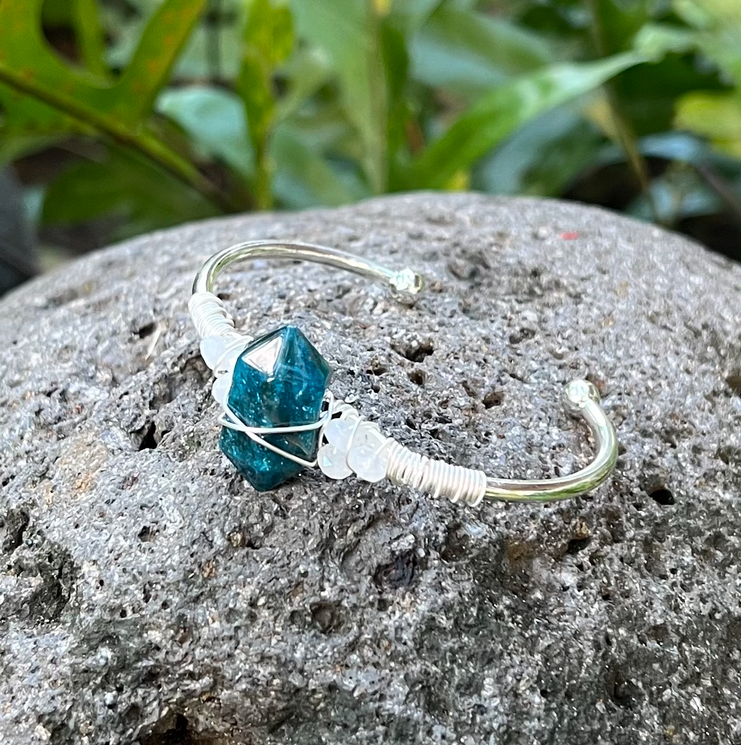 Blue Apatite Silver Bangle Cuff Bracelet "Aura Clearing, Astral Travel, Mood Lifter"