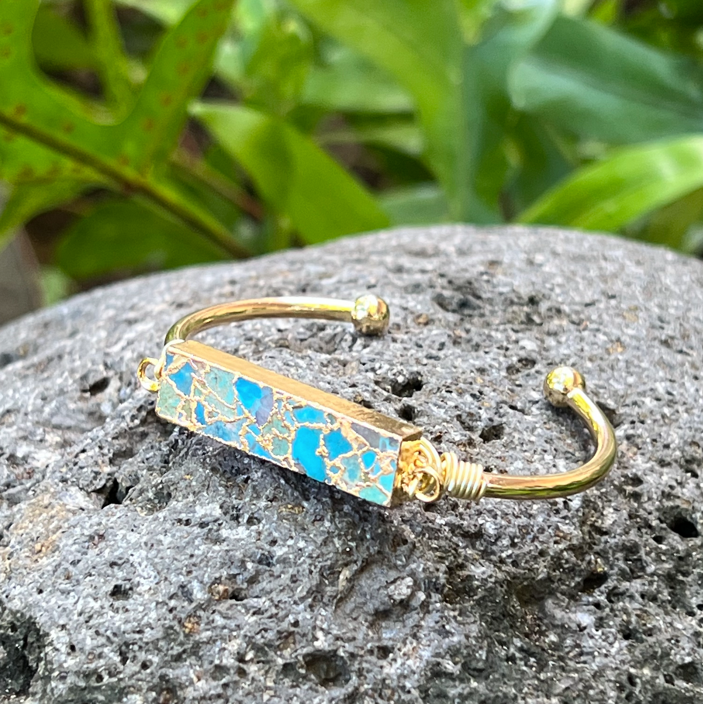 Blue Turquoise Bar Gold Bangle Cuff Bracelet ~ "Life Force Energy"
