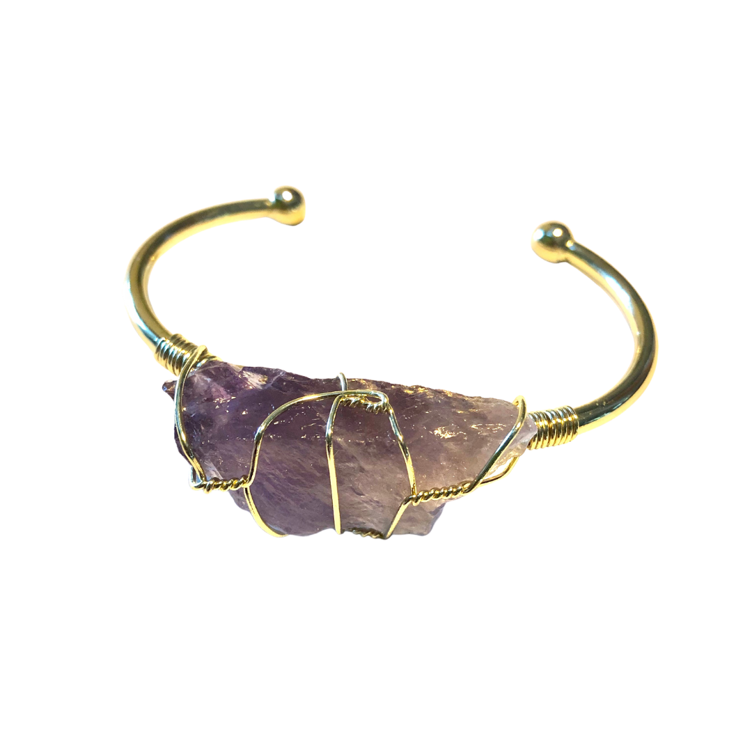 Amethyst Rough Gemstone Gold Bangle Cuff Bracelet ~ "Clearing Negativity"