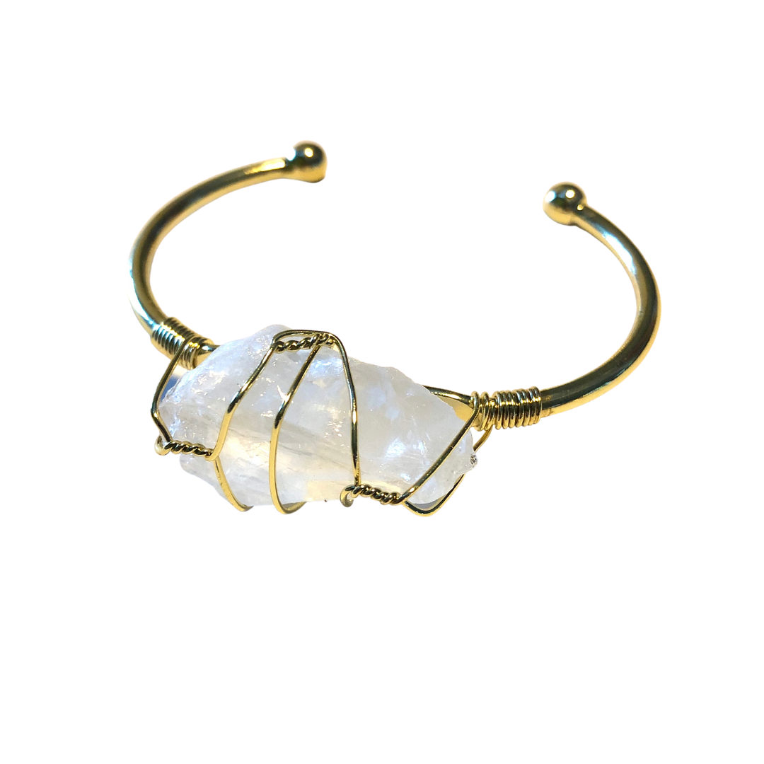 Clear Crystal Quartz Rough Gemstone Gold Bangle Cuff Bracelet ~ "Spiritual Awareness, Clarity, & Power"