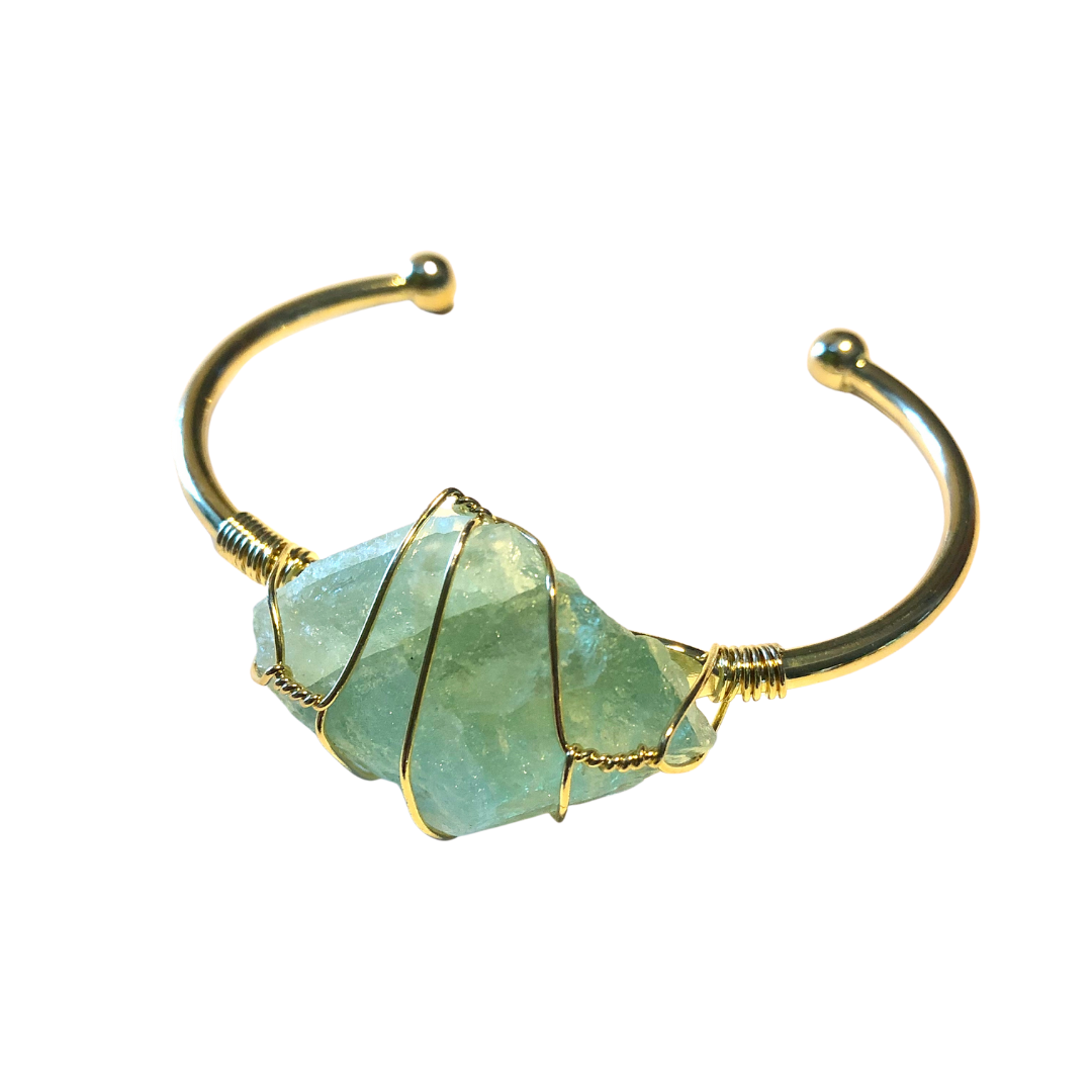 Green Fluorite Rough Gemstone Gold Bangle Cuff Bracelet ~ "Energy, Health, & Healing"