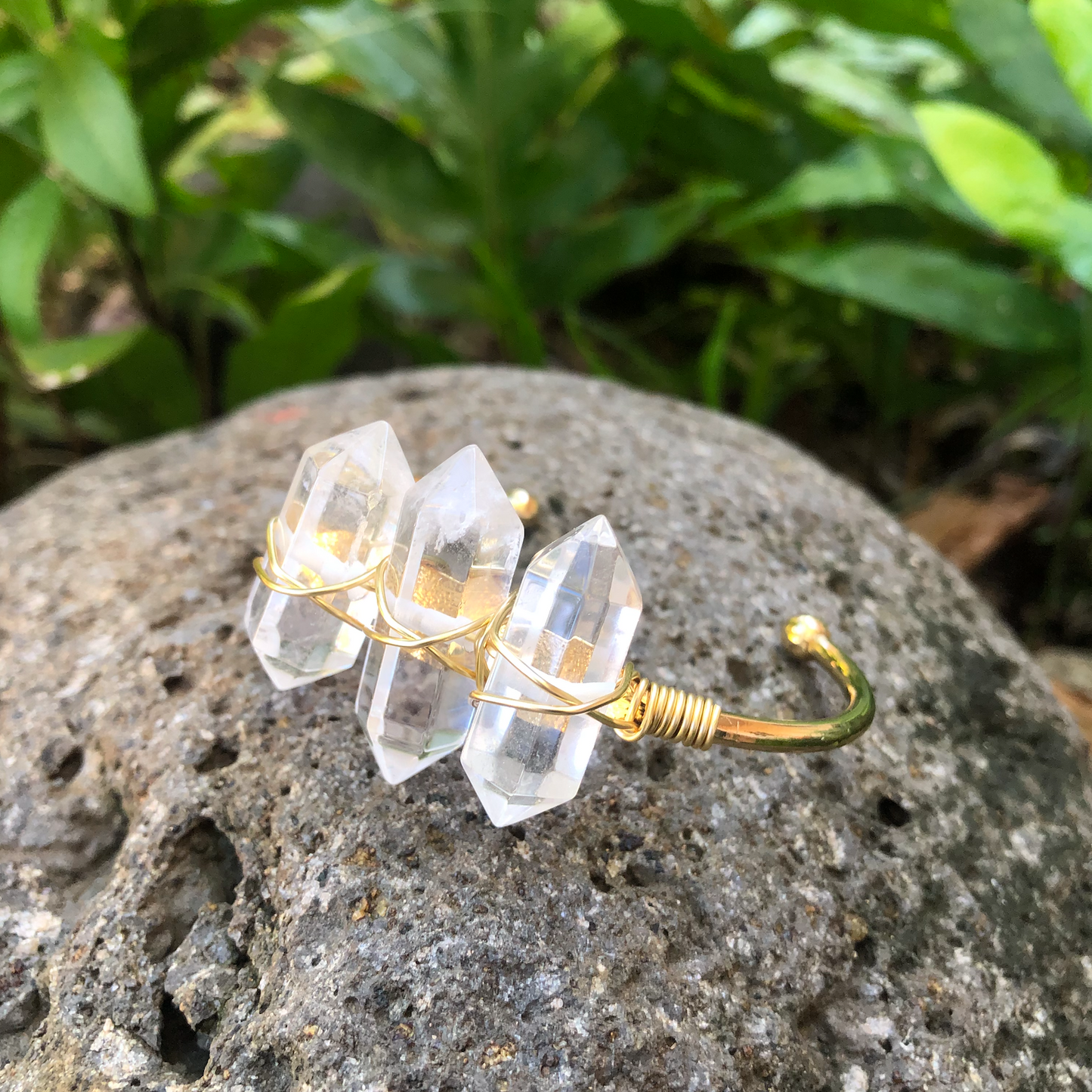 Clear Crystal Quartz (Three Stone) Gemstone Gold Bangle Cuff Bracelet ~ "Spiritual Awareness, Clarity, & Power"