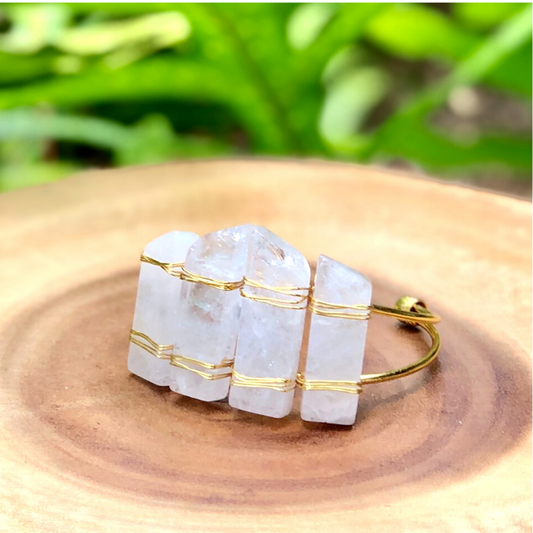 Clear Crystal Quartz (Four Bar) Gemstone Gold Bangle Cuff Bracelet ~ "Spiritual Awareness, Clarity, & Power"