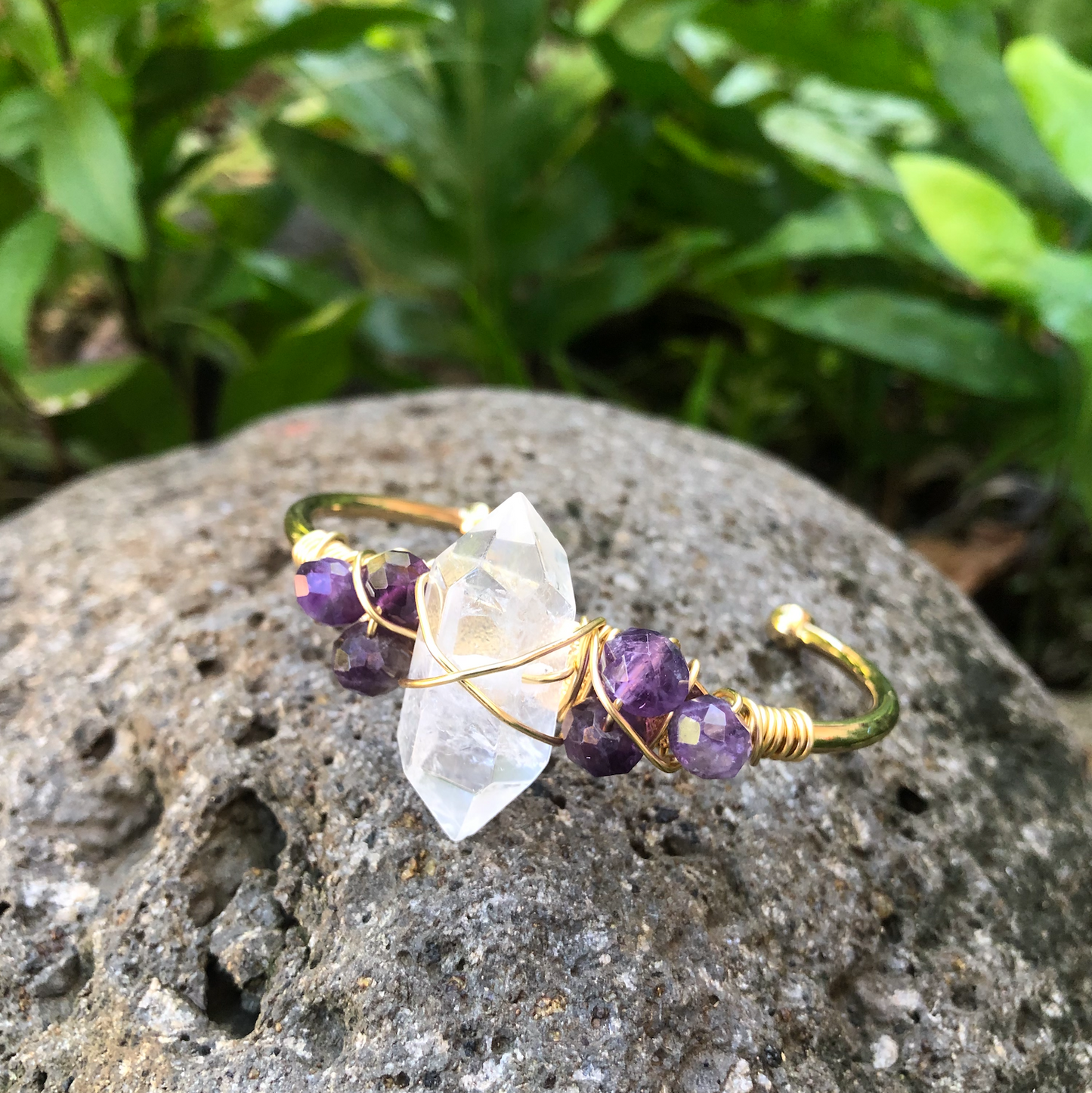 Crystal Quartz & Amethyst Gemstone Gold Bangle Cuff Bracelet  ~ "Spiritual Awareness & Protection"