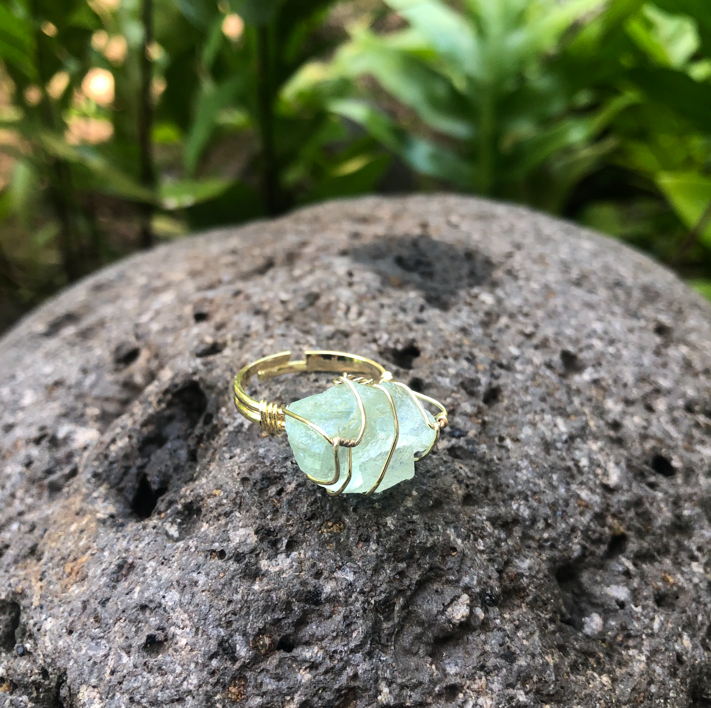 Green Fluorite Rough Gemstone Gold Adjustable Ring  ~ "Energy, Health, & Healing"