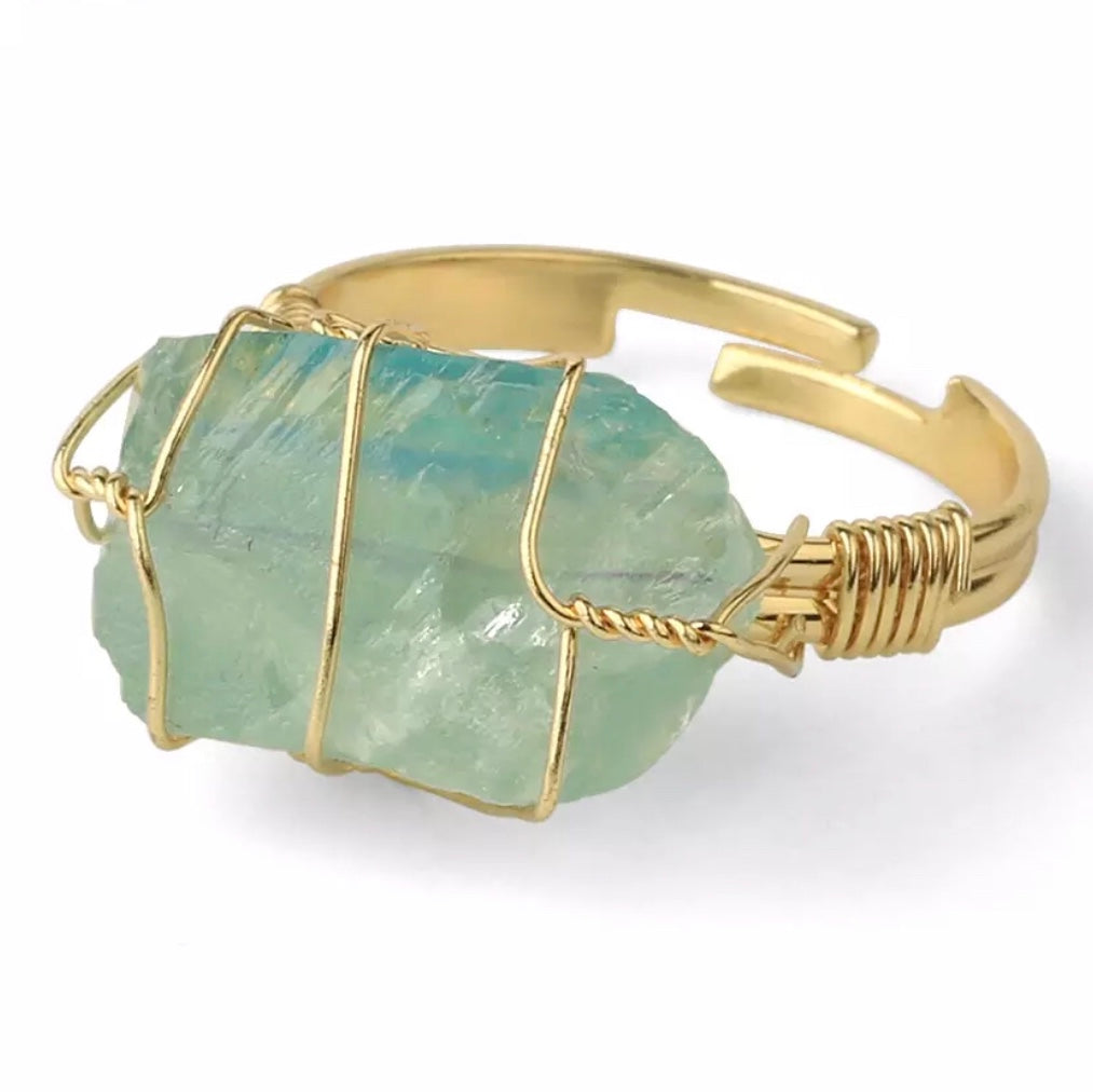 Green Fluorite Rough Gemstone Gold Adjustable Ring  ~ "Energy, Health, & Healing"