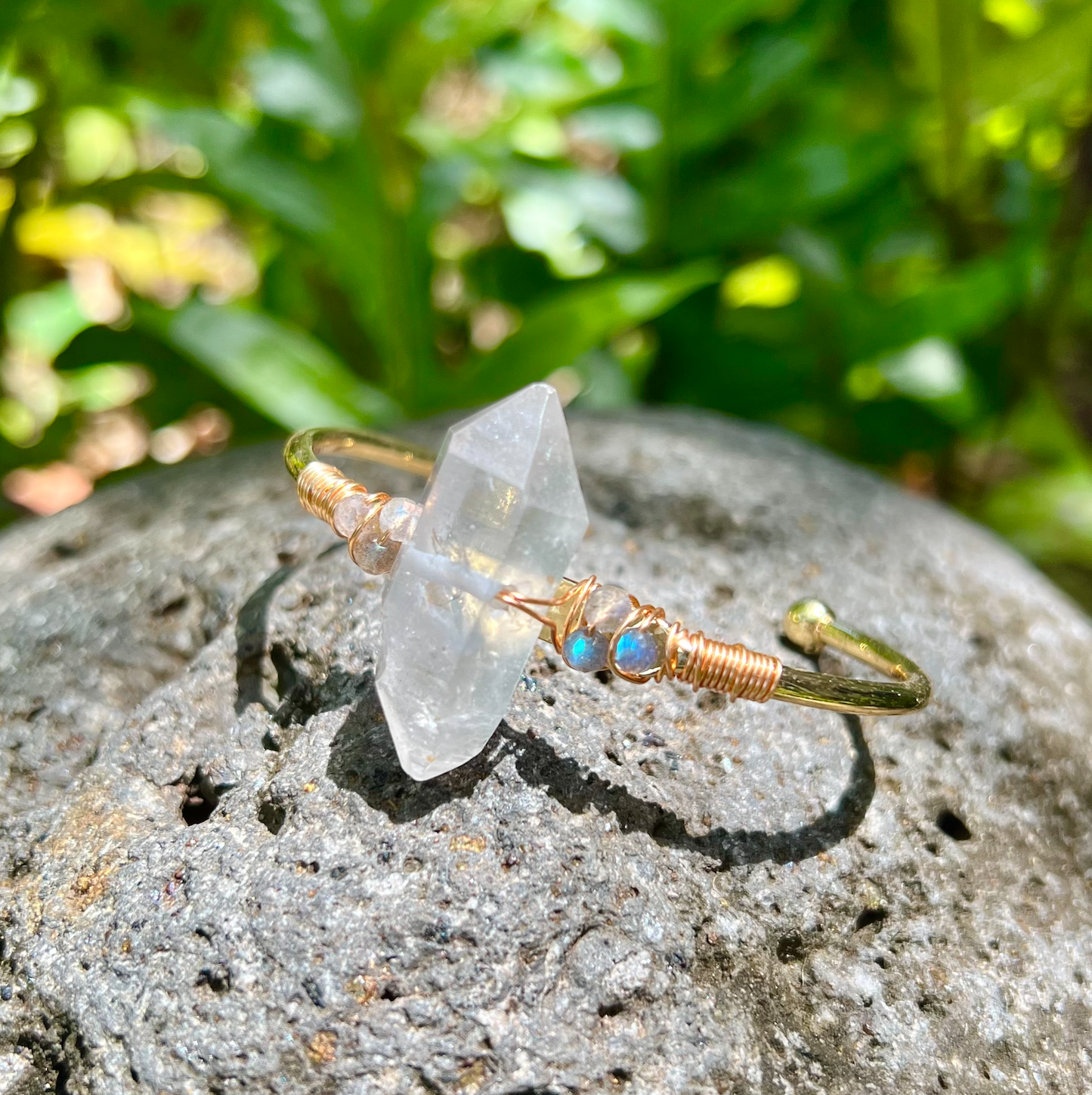 Herkimer Diamond Quartz Rough Gold Bangle Cuff Bracelet ~ "Amplifying Spiritual Energy"