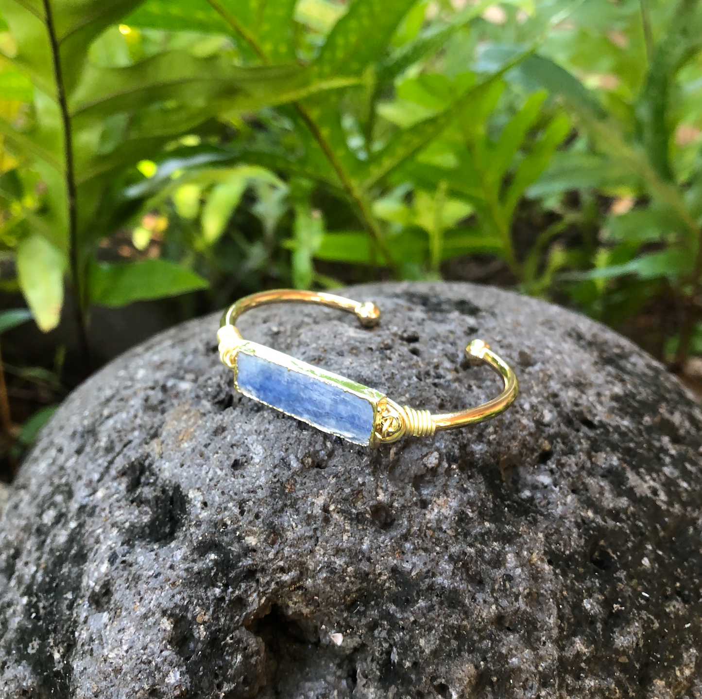 Kyanite Gemstone Gold Bar Bangle Cuff Bracelet  ~ "Spiritual Awakening & Astral Travel"