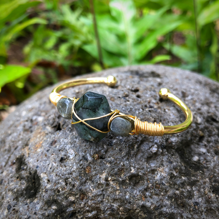 Labradorite (Three Stone) Gemstone Gold Bangle Cuff Bracelet "Moon Energy, Magic, Protection"