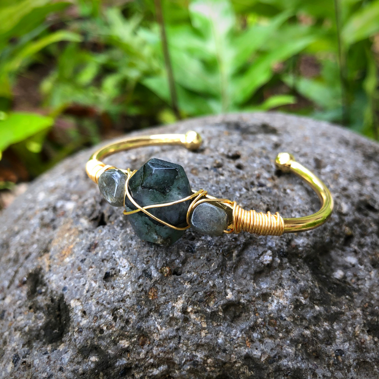 Labradorite Three Stone Gemstone Gold Bangle Cuff Bracelet
