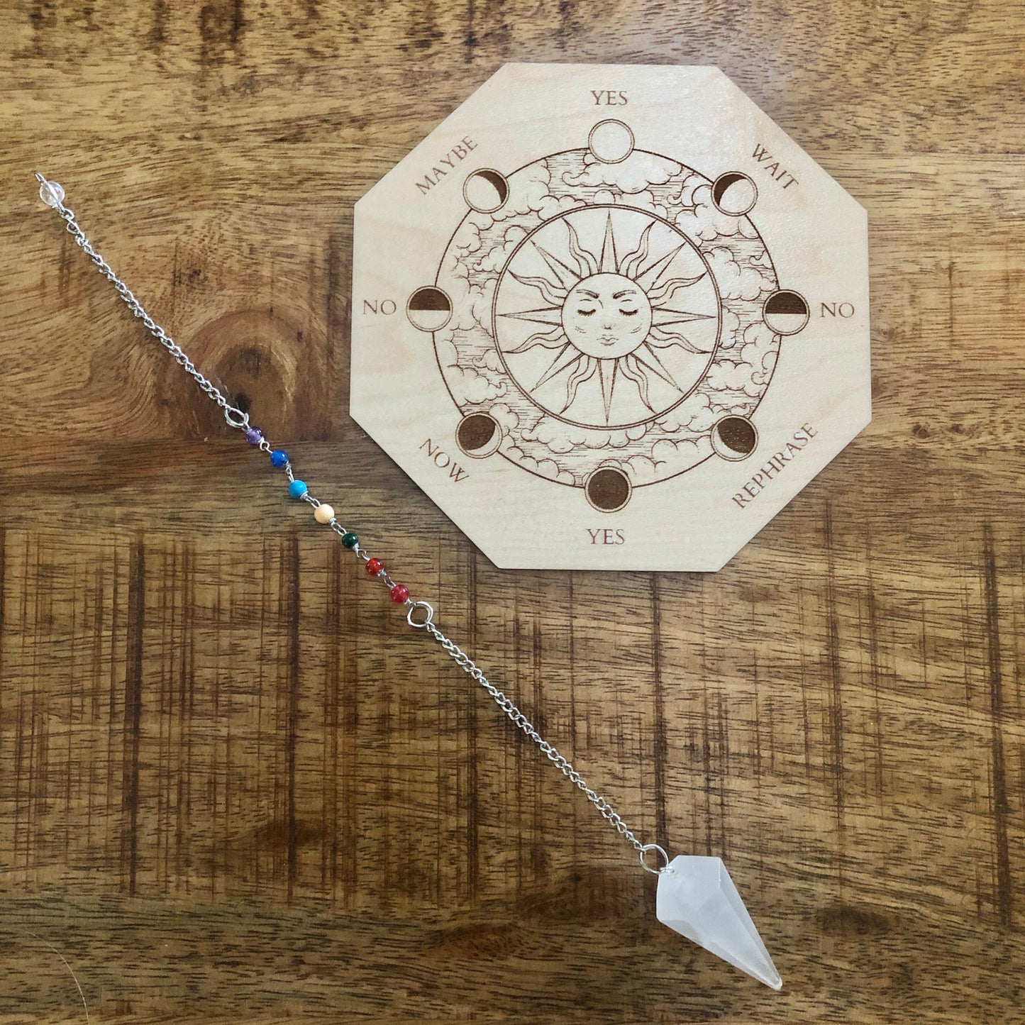 Selenite Chakra Pendulum w/ Wooden Pendulum Moon Board
