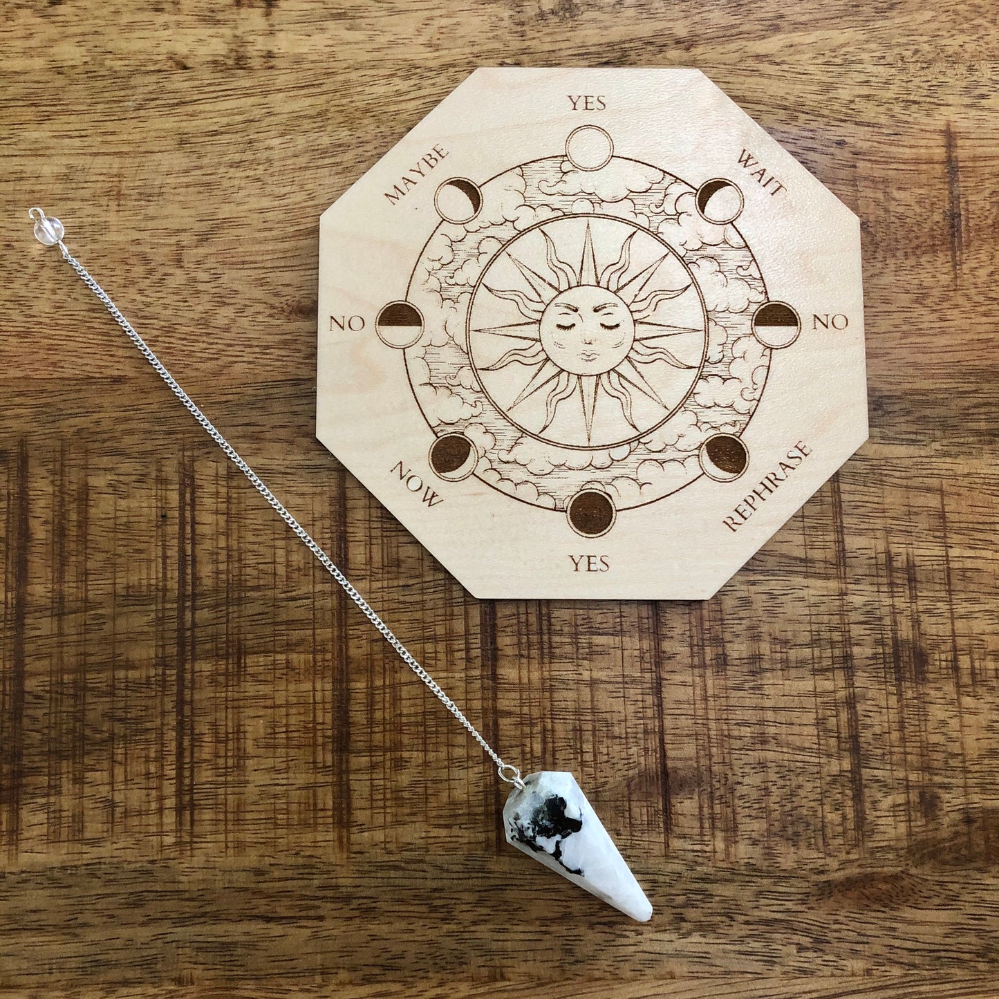 Rainbow Moonstone Pendulum w/ Wooden Pendulum Moon Board