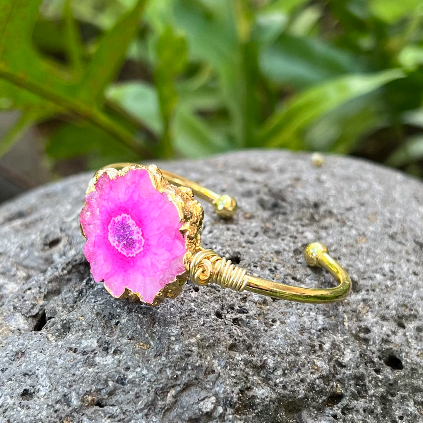 Pink Geode Gemstone Gold Bangle Cuff Bracelet "Energetic Balance"