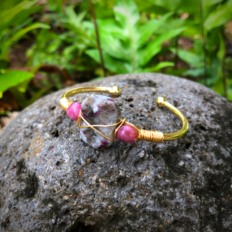 Pink Tourmaline Gemstone Gold Bangle Cuff Bracelet "Harmonizing Spiritual Energy"