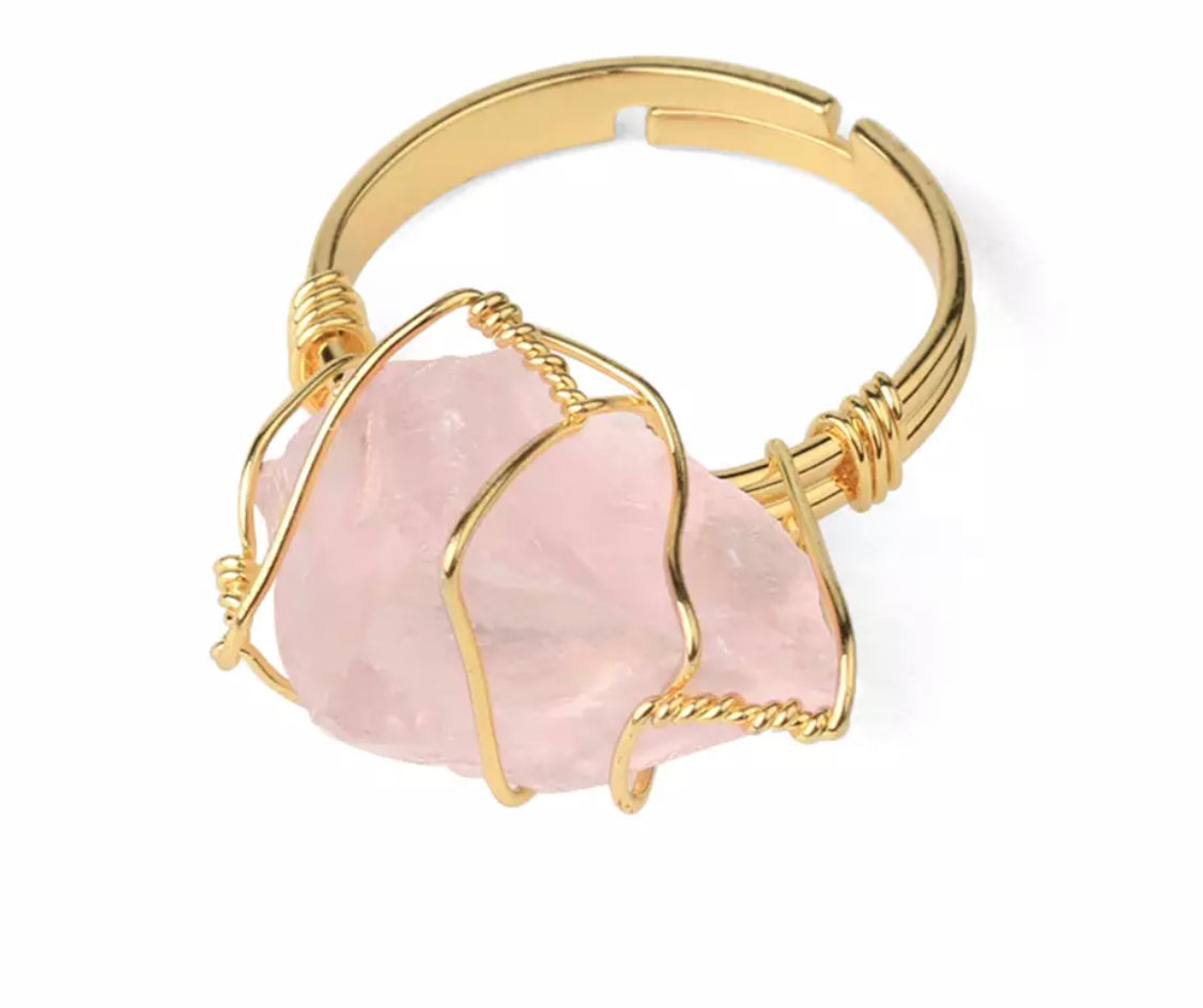 Rose Quartz Rough Gemstone Gold Adjustable Ring ~ "Love & Tranquility"