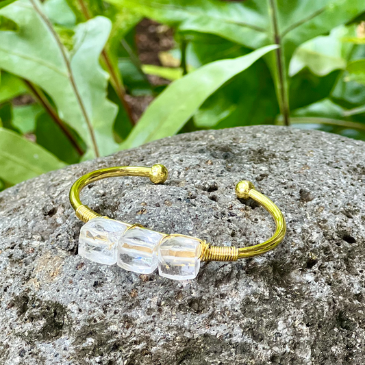 Clear Crystal Quartz (Small) Gemstone Gold Bangle Cuff Bracelet ~ "Spiritual Awareness, Clarity, & Power"