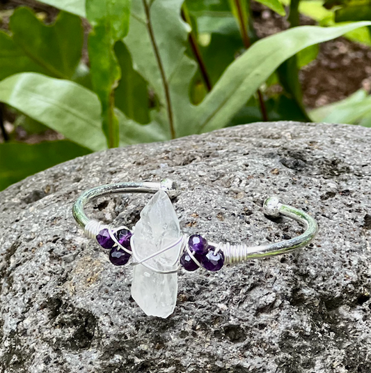 Crystal Quartz & Amethyst Gemstone Silver Bangle Cuff Bracelet  ~ "Spiritual Awareness & Protection"