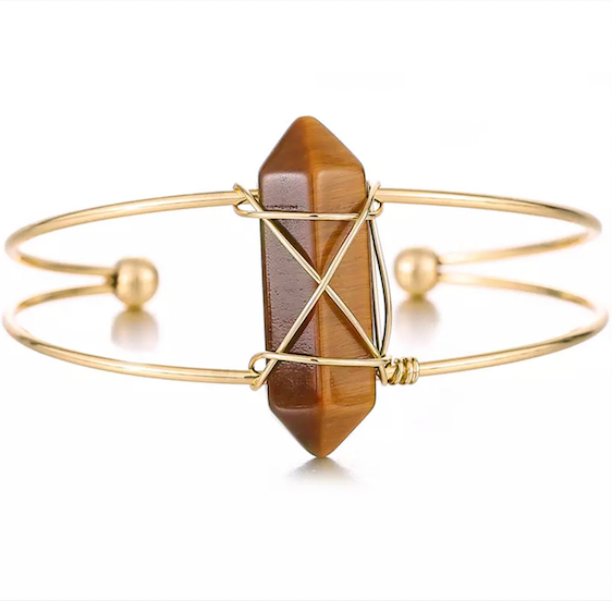 Tigers Eye Obelisk Gemstone Gold Bangle Cuff Bracelet