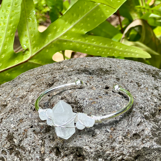 Clear Crystal Quartz Gemstone Silver Bangle Cuff Bracelet ~ "Spiritual Awareness, Clarity, & Power"