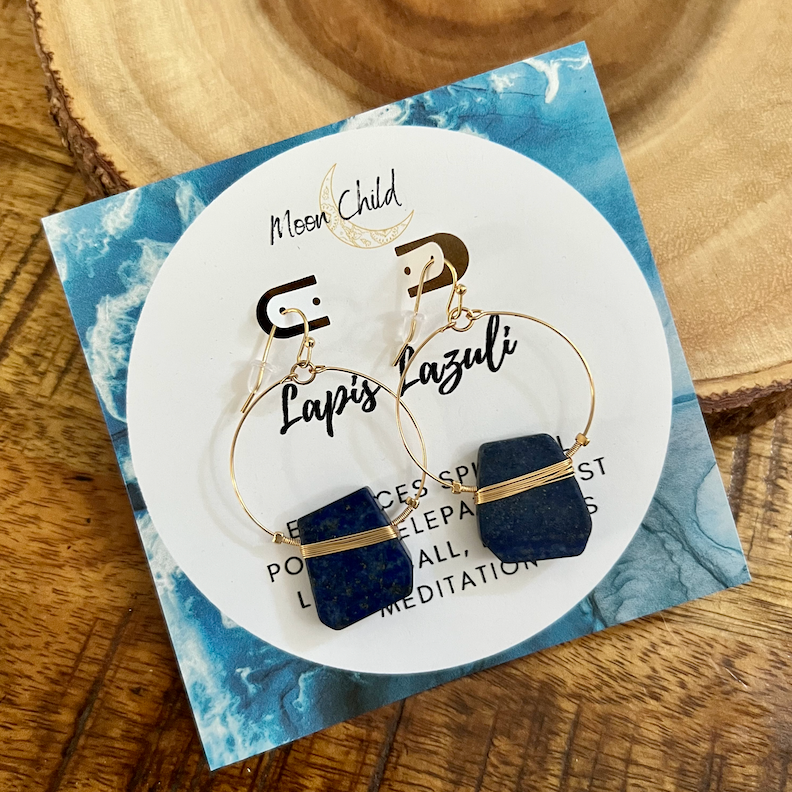 Lapis Lazuli Flat Gemstone Gold Earrings ~ "Spiritual Power & Telepathy"