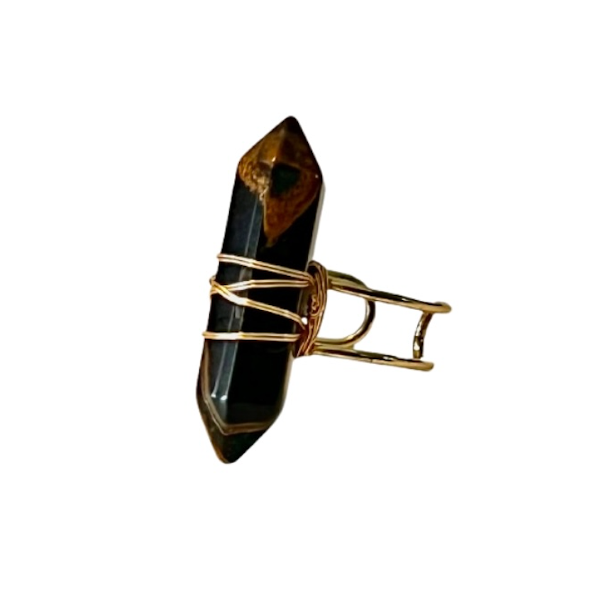 Tigers Eye Gemstone Gold Adjustable Obelisk Ring ~ "Strength & Luck"