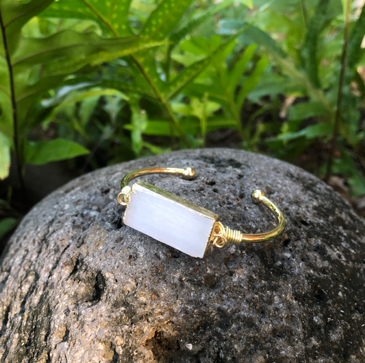 Selenite Gemstone Gold Bangle Cuff Bracelet "Clarity & Aura Clearing" Bracelet