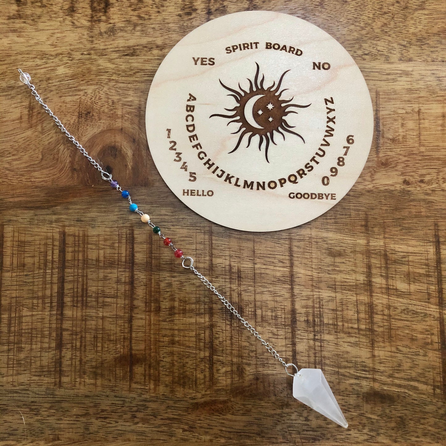 Selenite Chakra Pendulum w/ Wooden Pendulum Spirit Board